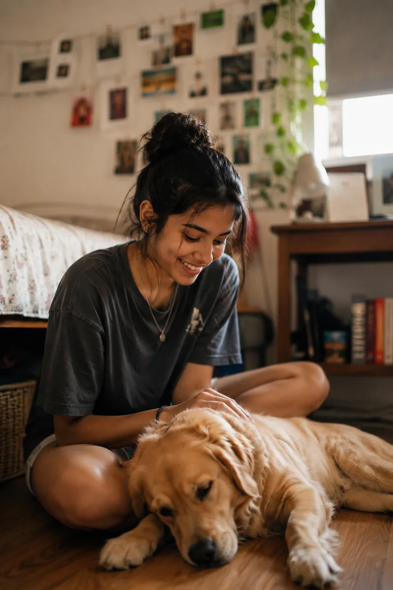 A teenager sitting on her bedroom floor, smiling down at something in her lap